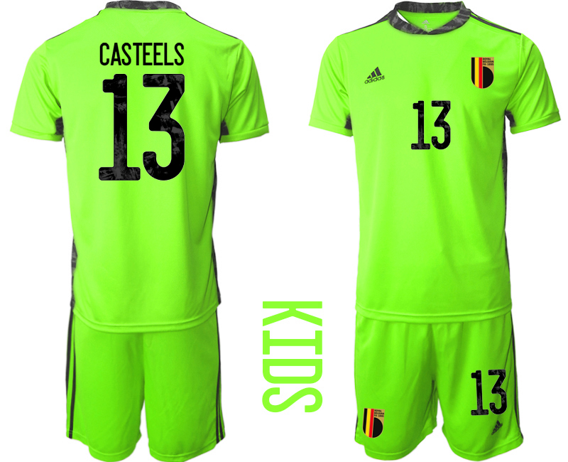 Cheap 2021 European Cup Belgium fluorescent green goalkeeper Youth 13 soccer jerseys